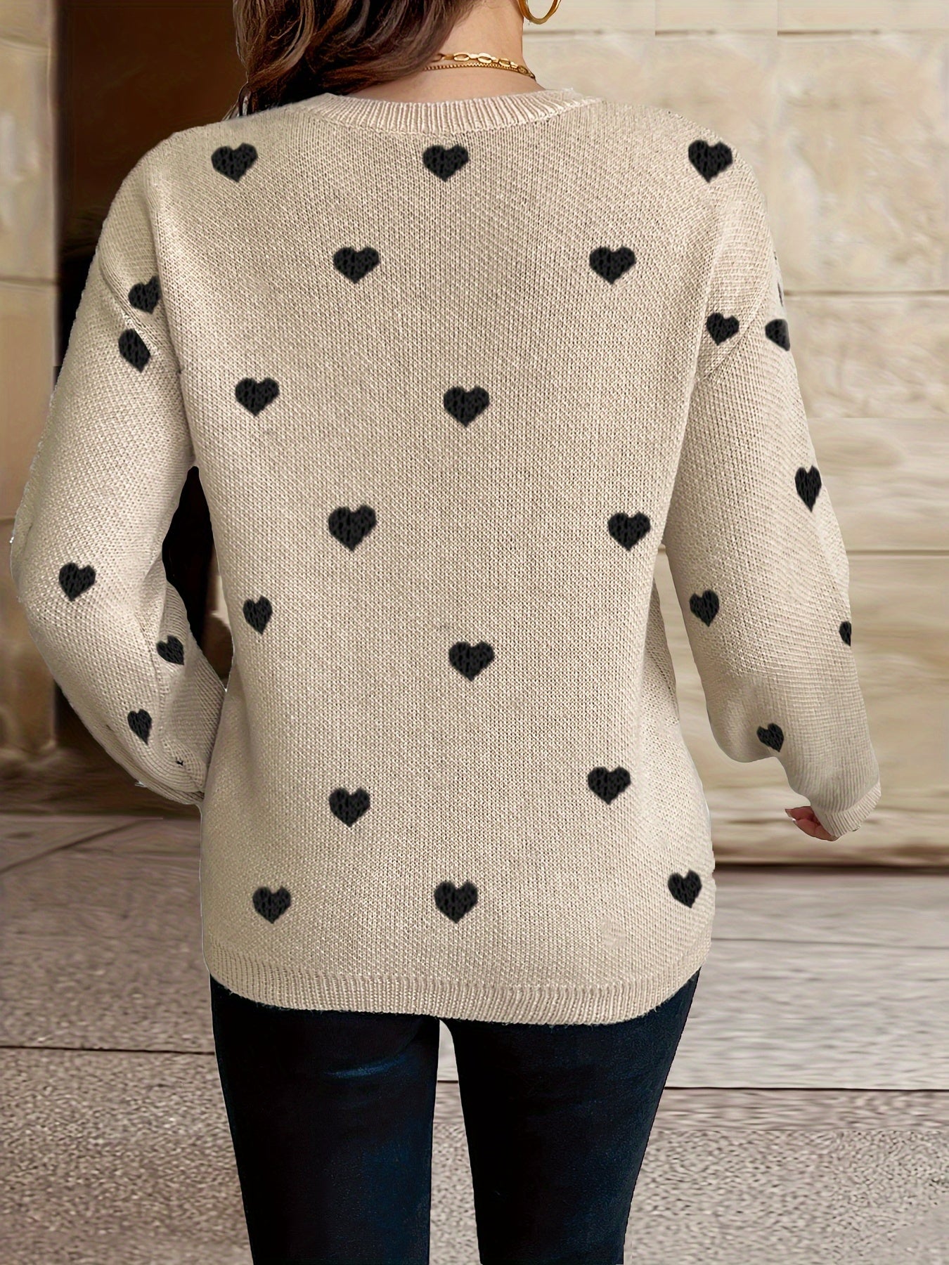 Damen Strickpullover mit Herzmuster Rundhals Langarm