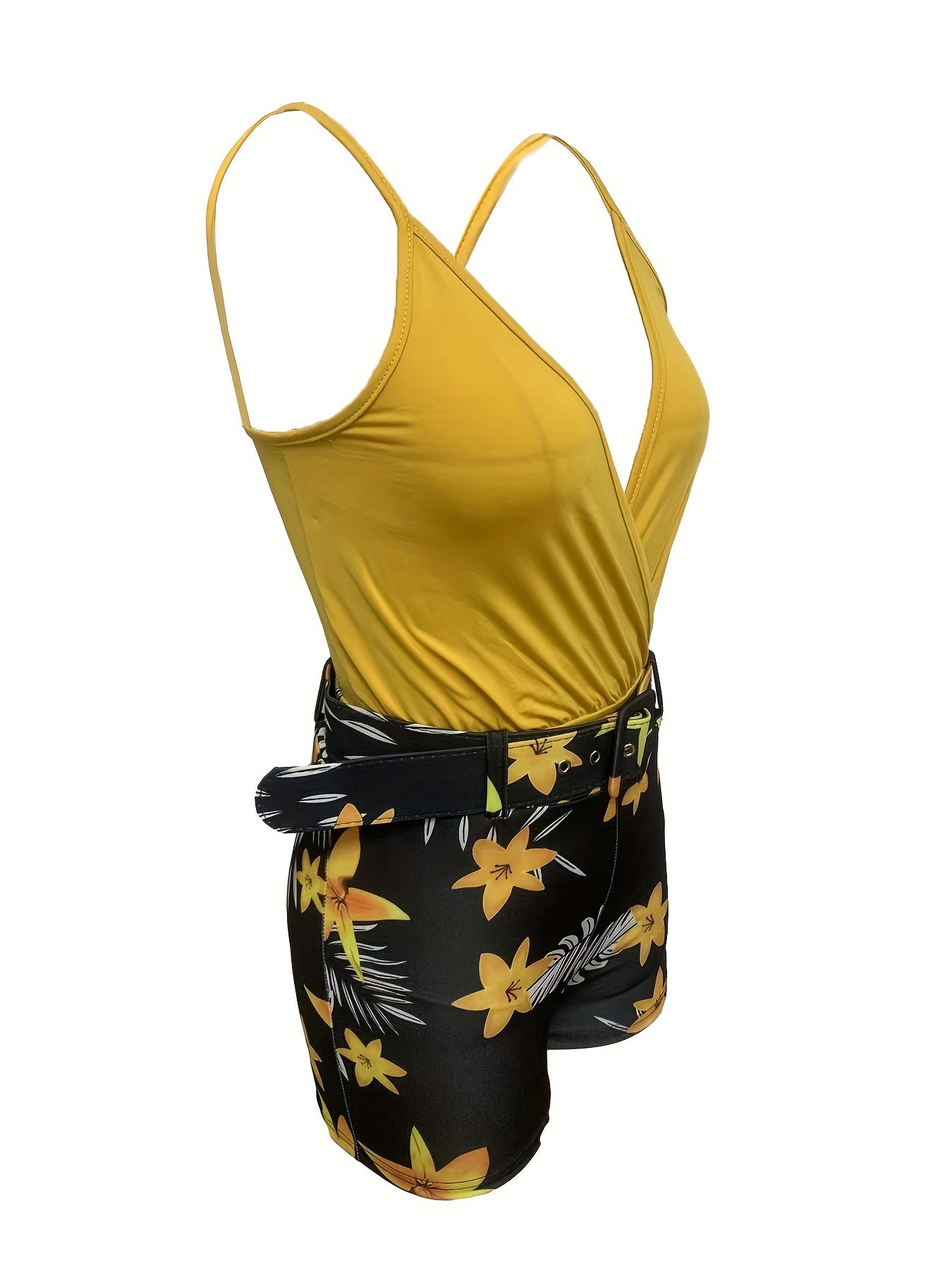 Women's Summer Outfit Set – Sleeveless V-Neck Bodysuit & High-Waisted Floral Shorts with Belt, Fashionable Casual Look