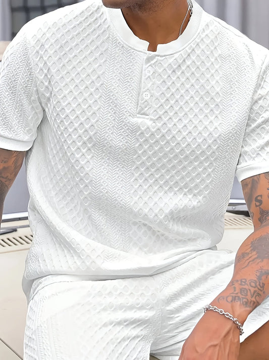 Men's Summer Set – Textured Casual Two-Piece with Button Placket, Short Sleeves, and Stand Collar