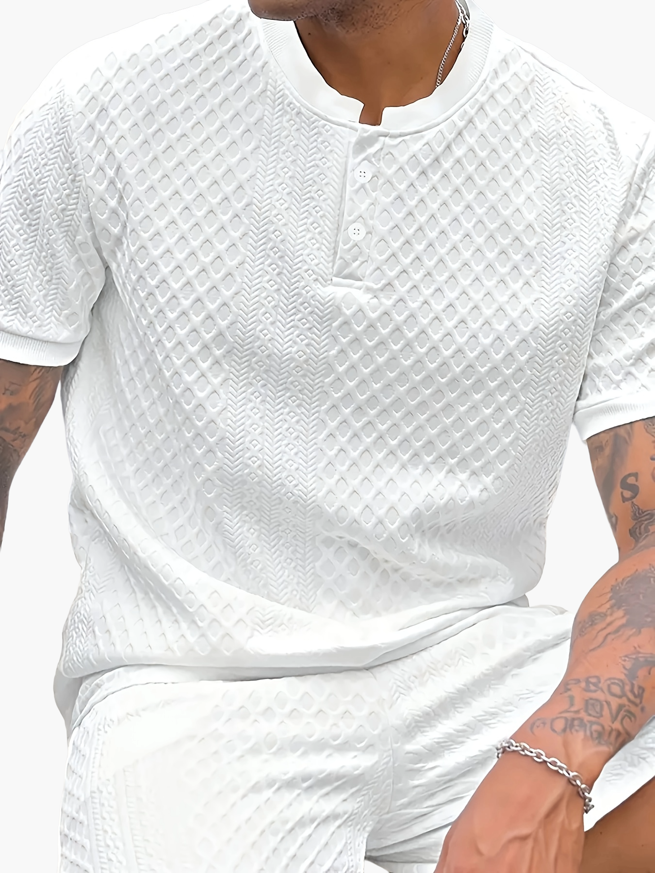 Herren Sommer Set – Strukturierte Freizeit Zweiteiler mit Knopfleiste, Kurzarm und Stehkragen