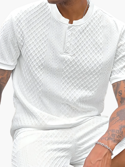 Herren Sommer Set – Strukturierte Freizeit Zweiteiler mit Knopfleiste, Kurzarm und Stehkragen