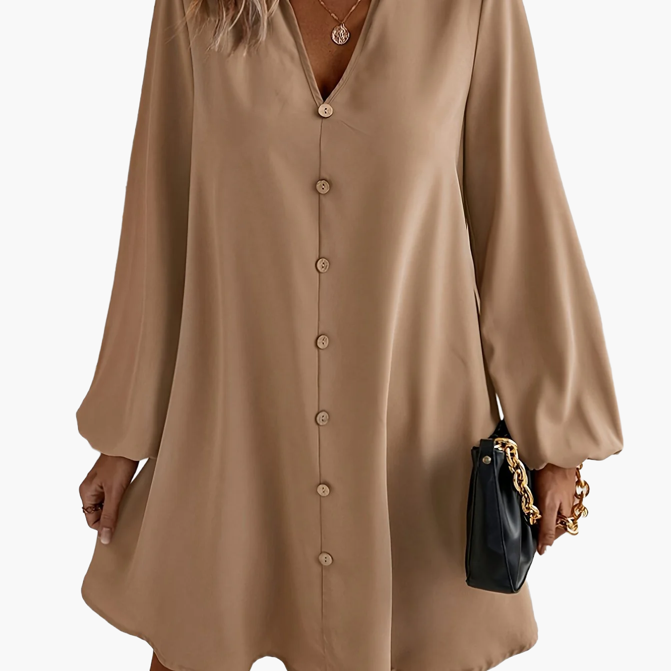 Damen Freizeitkleid mit Knopfleiste, A-Linien Schnitt, V-Ausschnitt, eleganter Alltagsstil