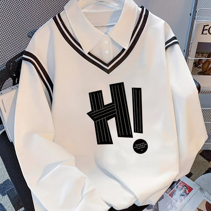 Unisex long-sleeve shirt with a V-neck, white with striped cuffs and “HI” print