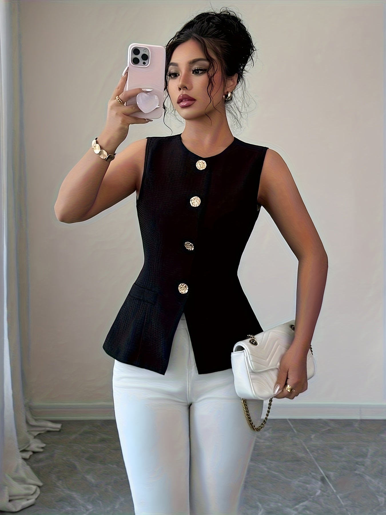 Women's Elegant Sleeveless Blouse with Gold Buttons – Business & Casual Fashion