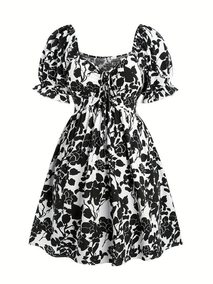 Women's Summer Dress Elegant with Floral Pattern and Puff Sleeves, Fit & Flare, Perfect for Vacation and Leisure