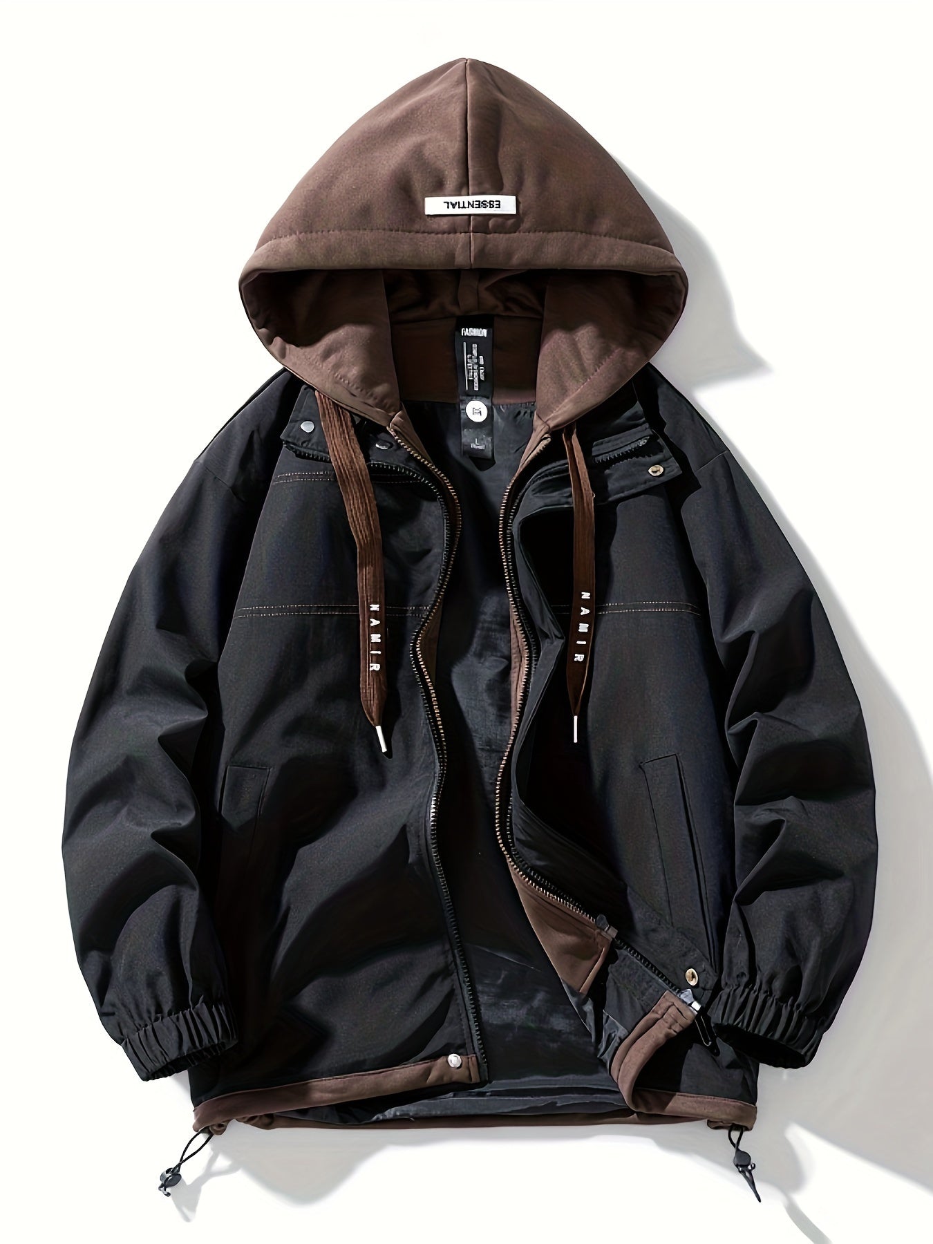 Unisex transitional jacket with hood and zipper, two-in-one look, black/brown