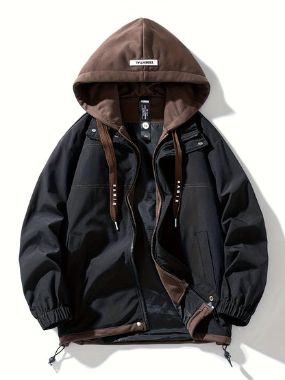 Unisex transitional jacket with hood and zipper, two-in-one look, black/brown