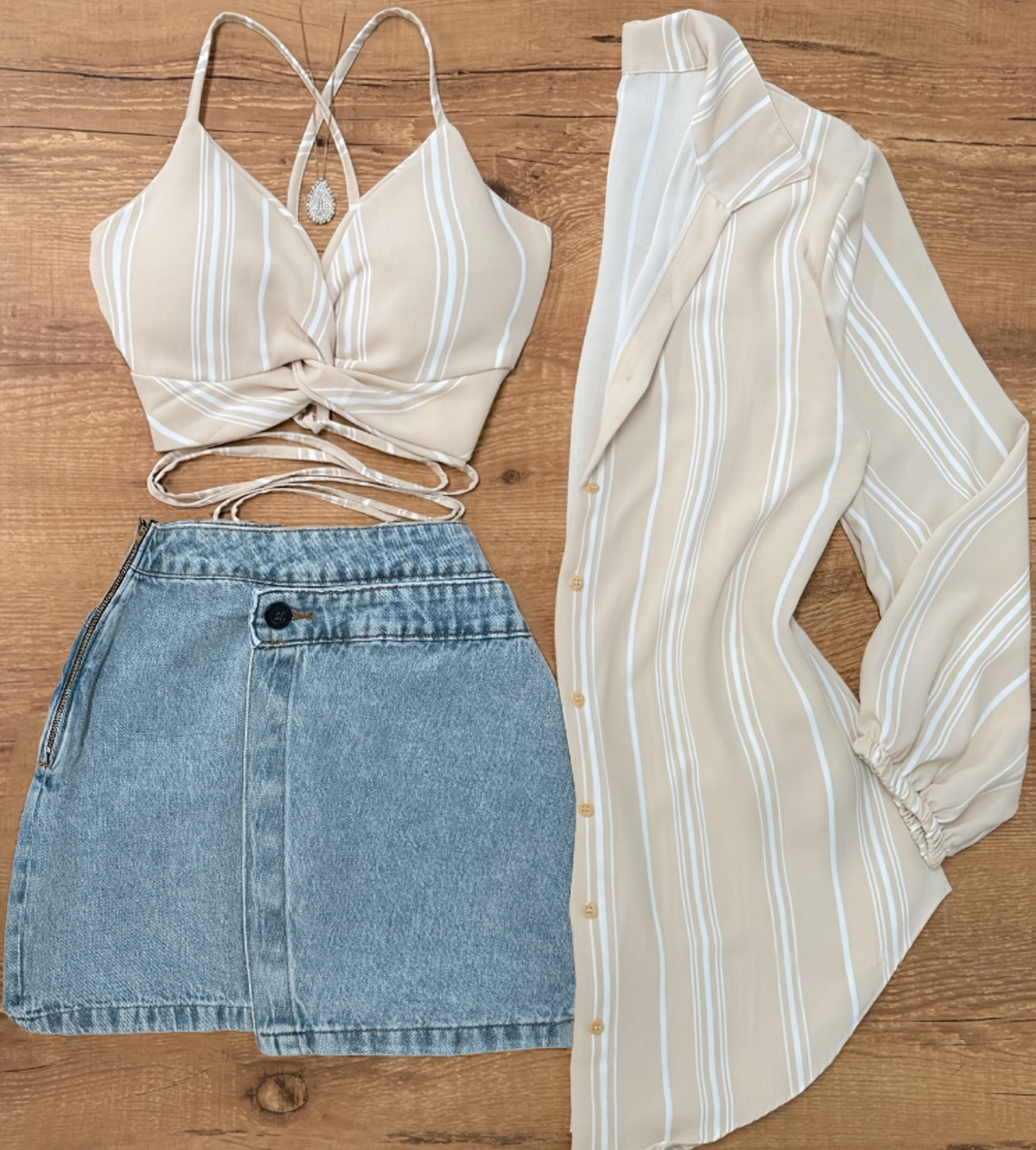 Women's Set – Fashionable Striped Crop Top with Wrap Detail, Shirt, and Denim Skirt – Perfect for Summer & Leisure