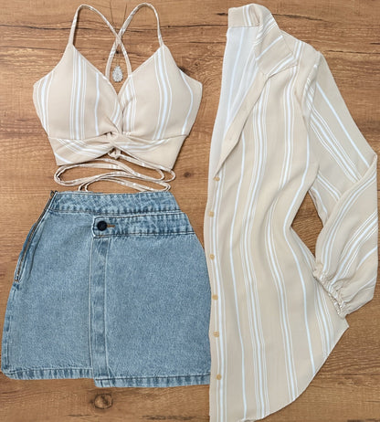 Women's Set – Fashionable Striped Crop Top with Wrap Detail, Shirt, and Denim Skirt – Perfect for Summer & Leisure