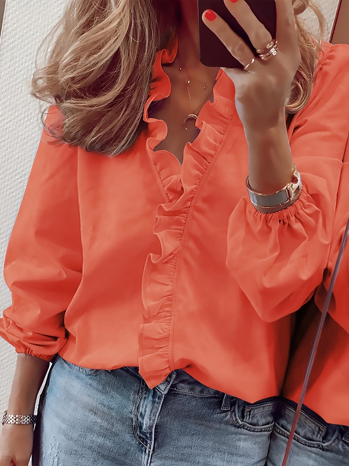 Women's blouse with ruffles and V-neck – Elegant casual style for everyday and office wear