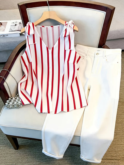 Women's blouse top with stripe pattern and button placket – Elegant V-neck, ideal for office and everyday wear