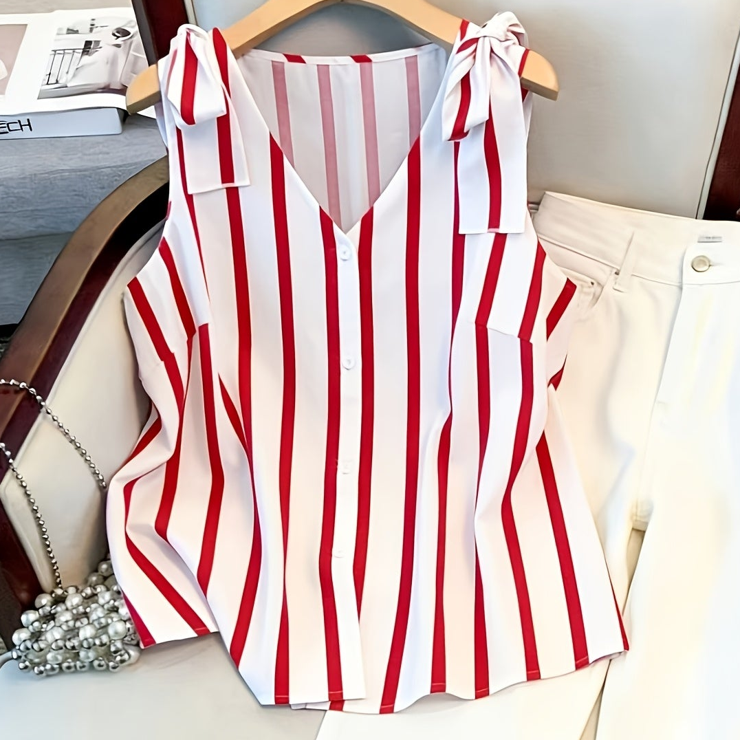 Women's blouse top with stripe pattern and button placket – Elegant V-neck, ideal for office and everyday wear