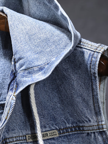 Men's denim vest with hood, sleeveless, with zipper and pockets