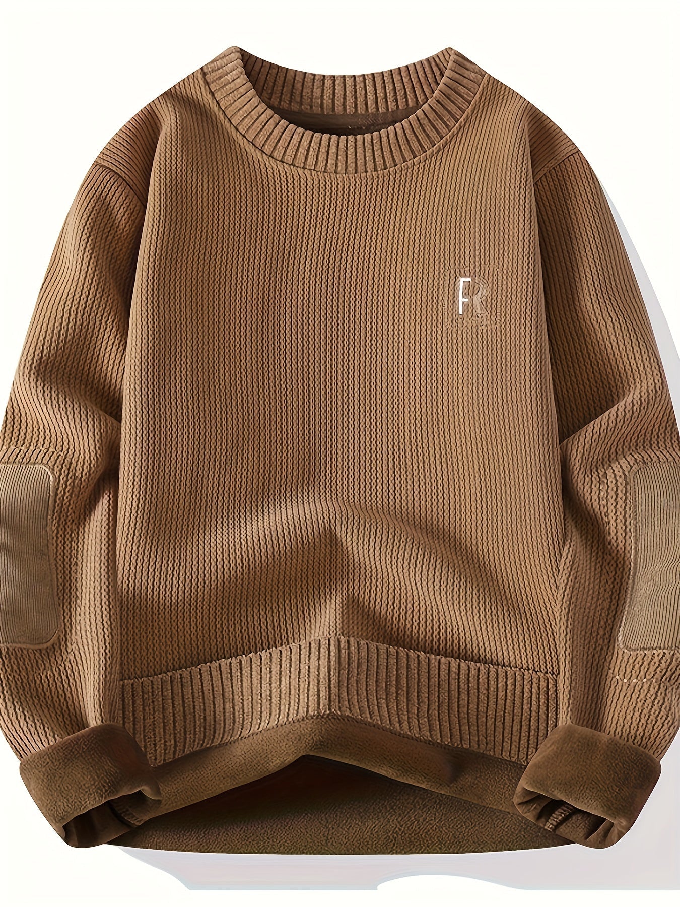 Unisex Langarm Pullover mit Ellbogen-Patches, Rundhalsausschnitt, gerippter Saum