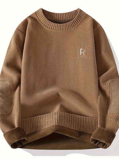 Unisex Langarm Pullover mit Ellbogen-Patches, Rundhalsausschnitt, gerippter Saum
