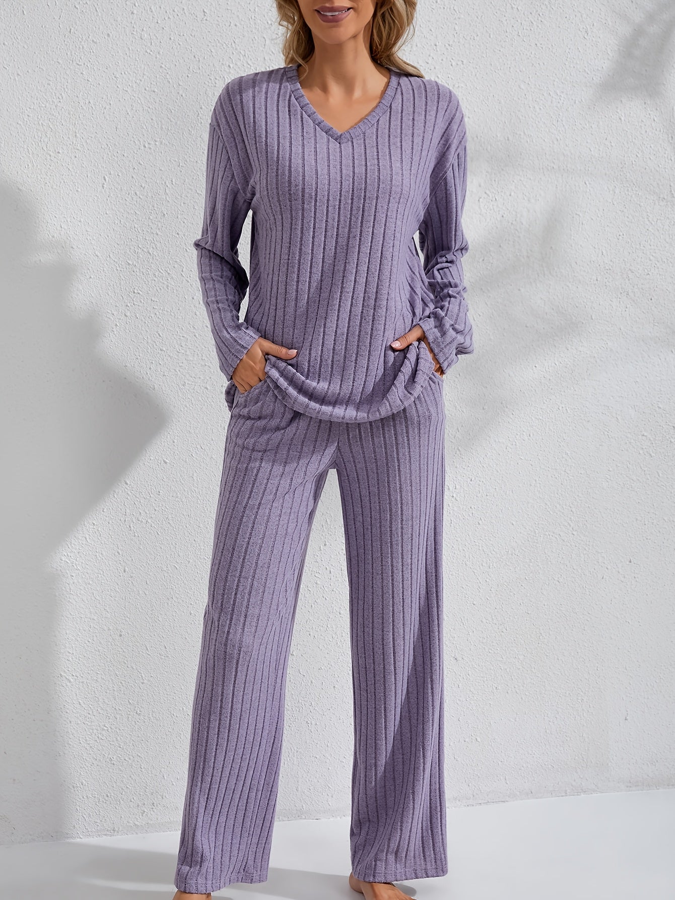 Women's rib-knit lounge set with V-neck long-sleeve top and wide-leg pants