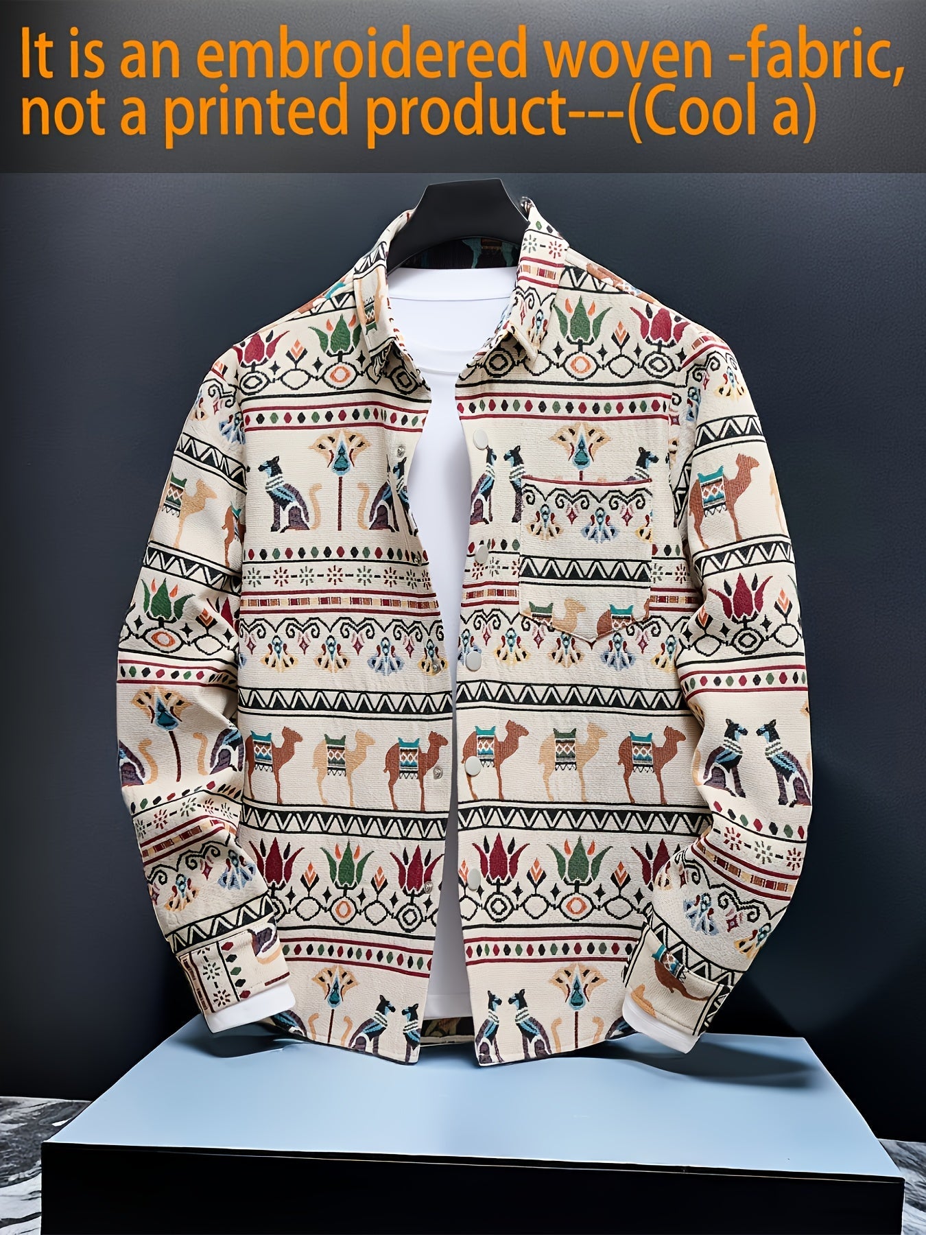 Men's casual long-sleeve shirt, patterned, ethnic print, beige