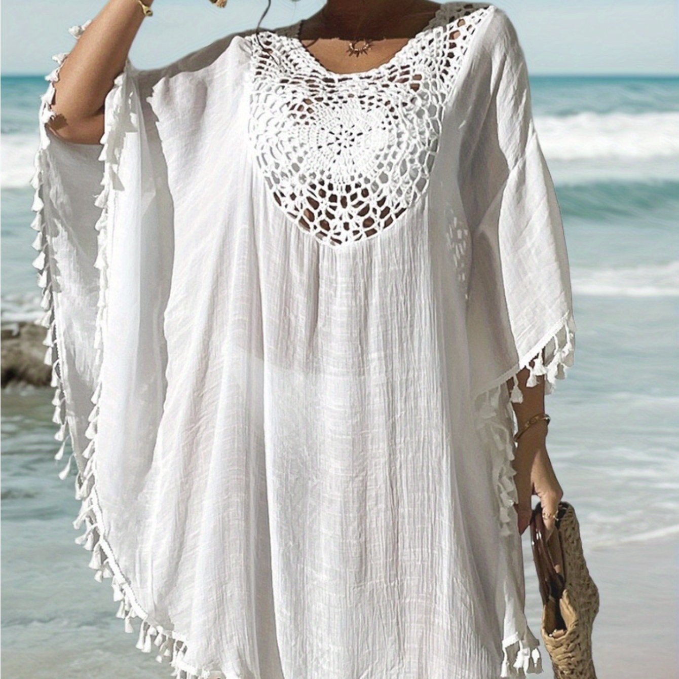 Women's Boho Beach Poncho Kaftan with Crochet Detail and Tassels – Perfect as a Beach Cover-Up