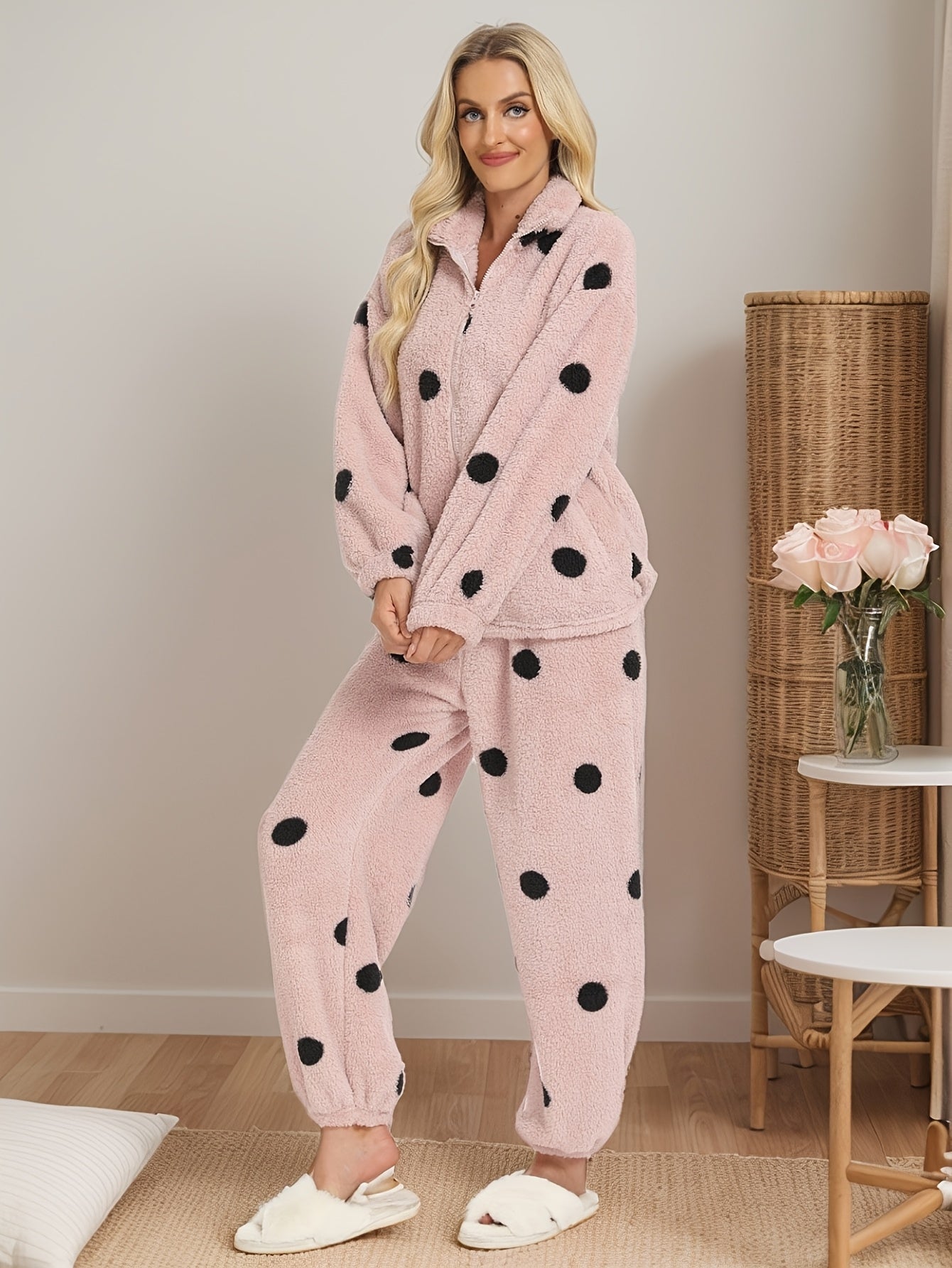 Women's Loungewear Set Plush Polka Dots Zipper Stand Collar Pajamas