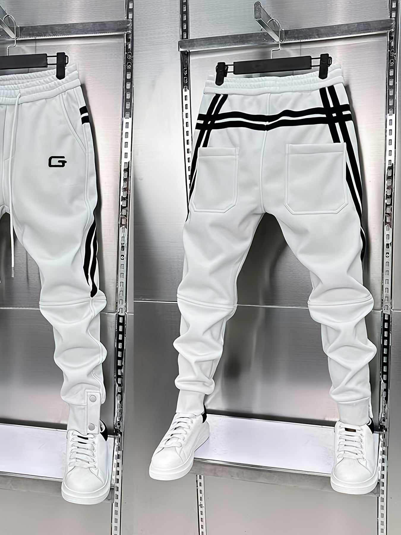 Men's sporty joggers with drawstring, stripes, and buttons
