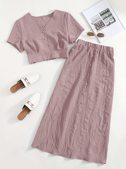 Women's Two-Piece Set – Elegant Button-Down Crop Top & Midi Skirt for Everyday and Leisure