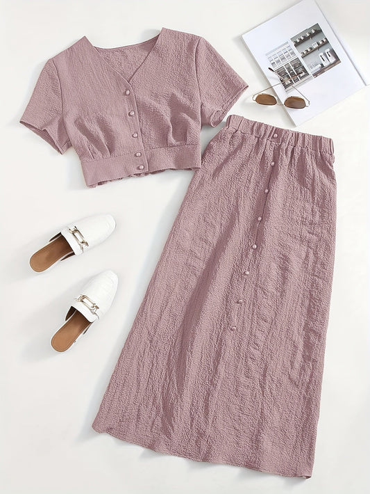 Women's Two-Piece Set – Elegant Button-Down Crop Top & Midi Skirt for Everyday and Leisure