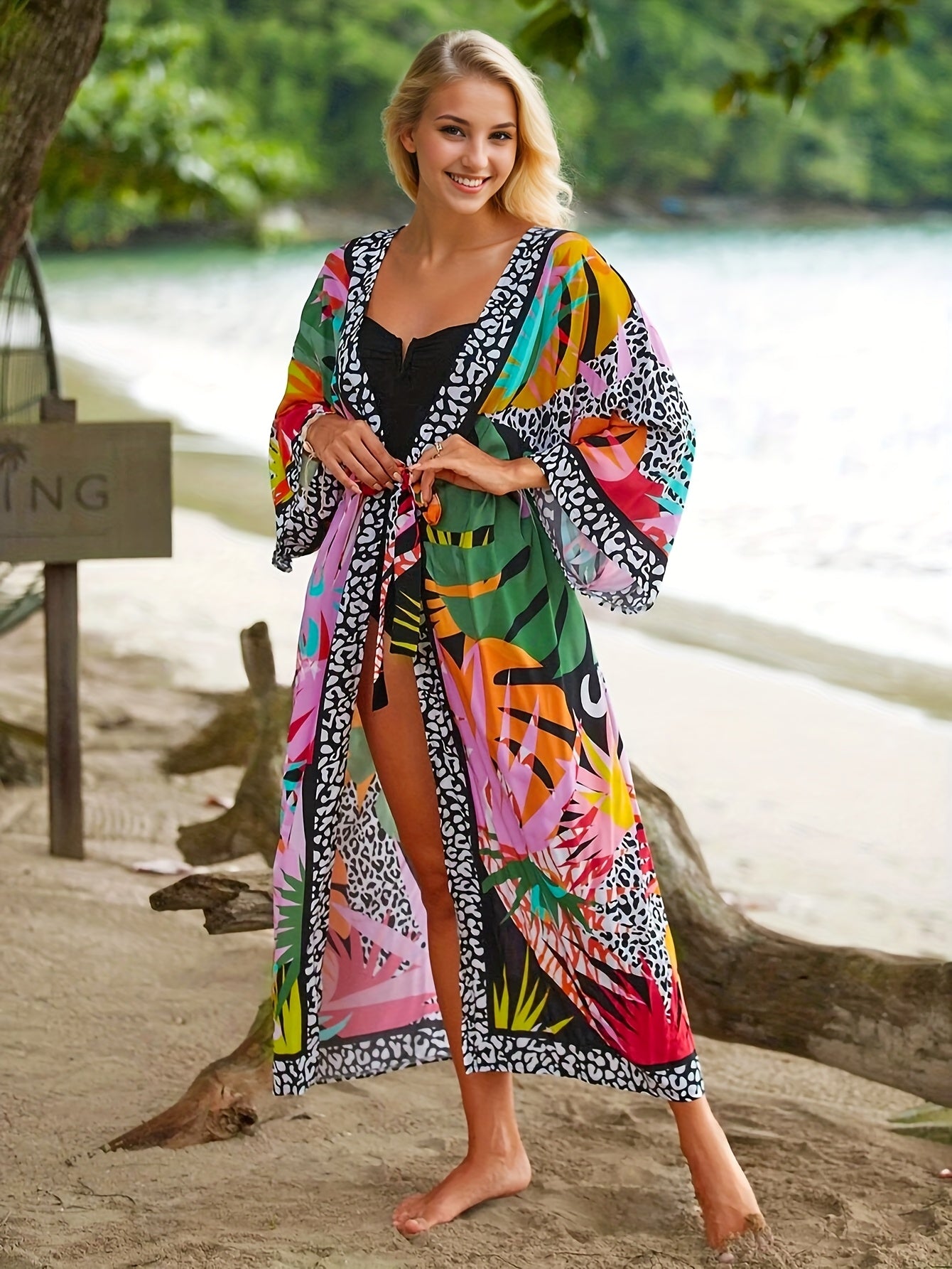 Women's Long Beach Kimono with Tropical Print and Animal Details – Perfect for Vacation & Resort