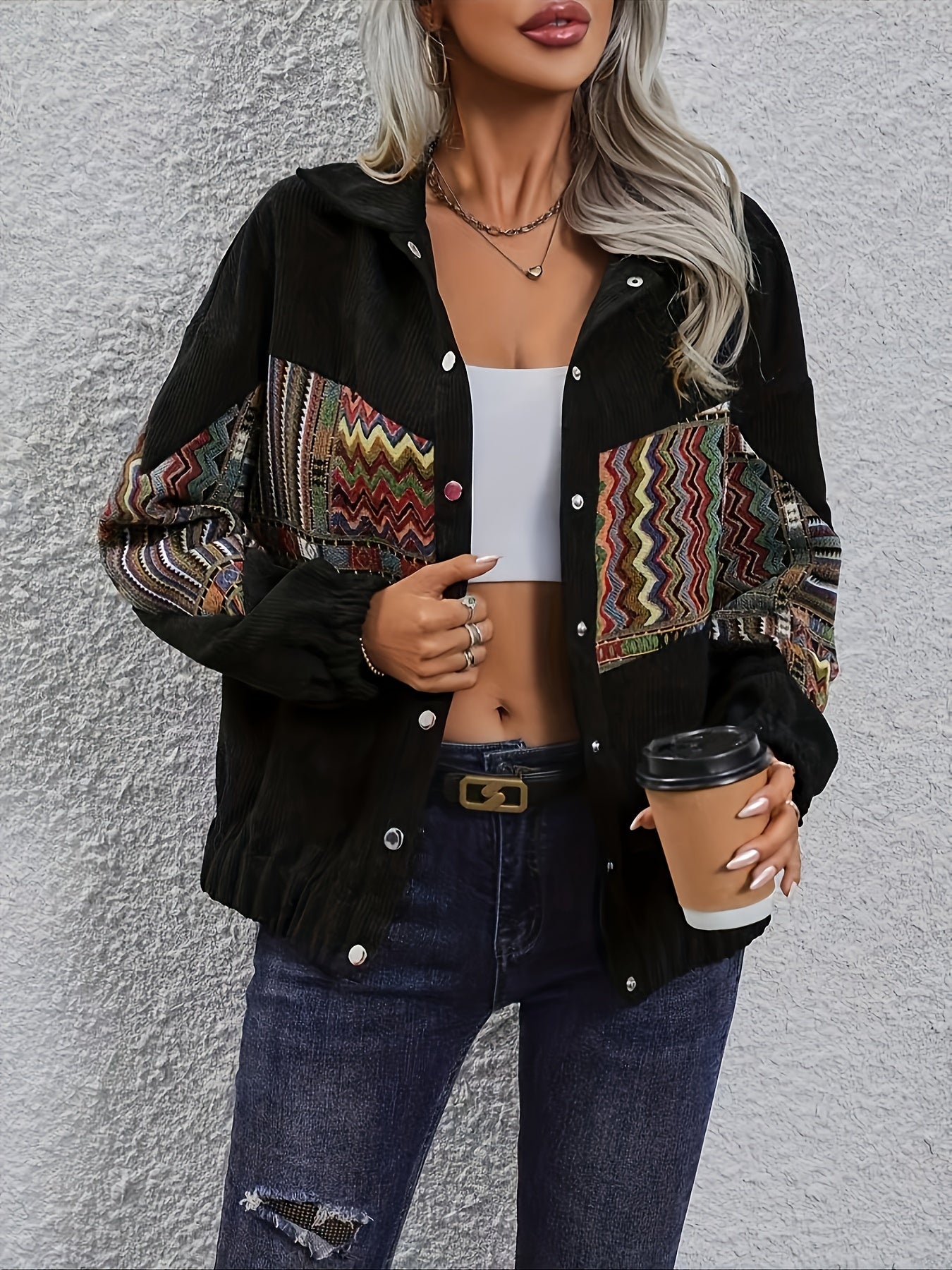 Women's corduroy jacket with ethnic pattern, lapel collar, button placket