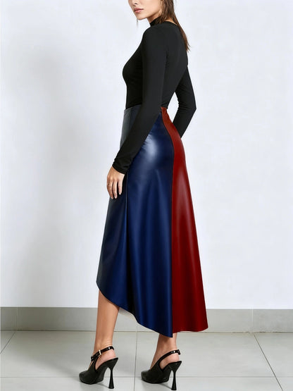 Color-block midi skirt with an asymmetrical faux-leather hem