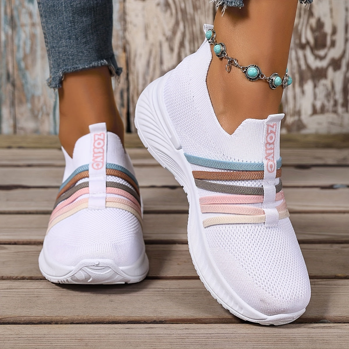 Damen Slip-On Freizeitschuhe mit Streifenmuster – Bequeme Alltags-Sneaker für Freizeit und Alltag