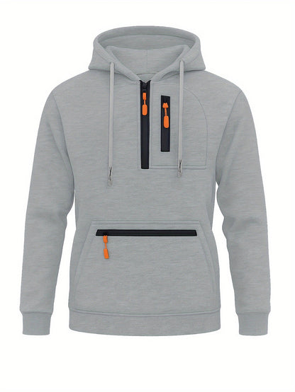 Men's hoodie with half-zip, kangaroo pocket & chest pocket, hooded sweatshirt