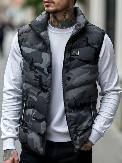 Men's quilted vest with stand-up collar & camouflage pattern