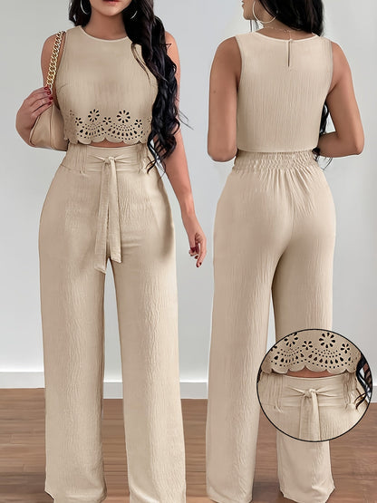 Women's Two-Piece Set Elegant – Sleeveless Crop Top with Eyelet Embroidery and Wide Pants, Perfect for Spring and Summer
