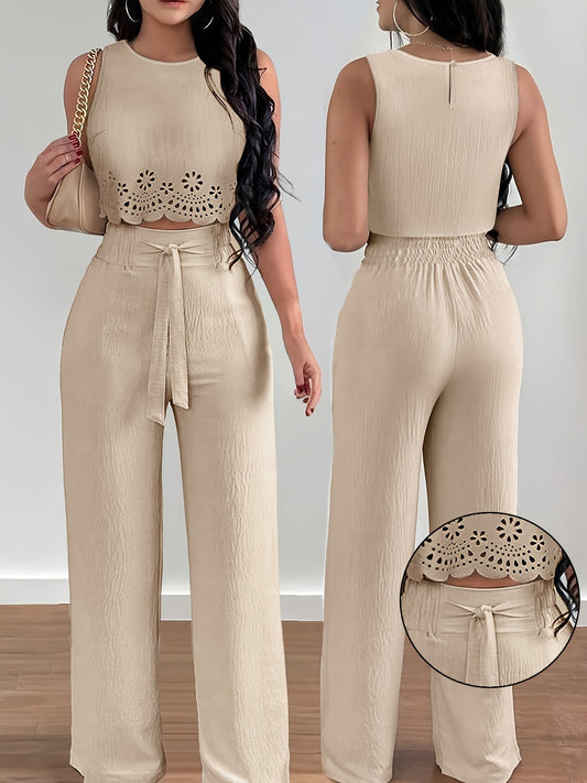 Women's Two-Piece Set Elegant – Sleeveless Crop Top with Eyelet Embroidery and Wide Pants, Perfect for Spring and Summer