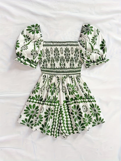 Women's jumpsuit with puff sleeves and vintage floral pattern – elegant one-piece for summer and leisure