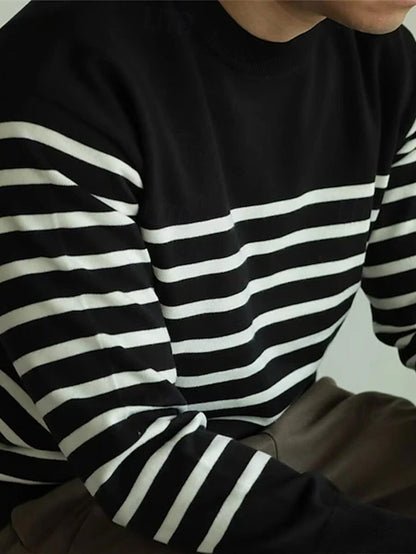 Striped men's long-sleeve crew-neck shirt, black and white