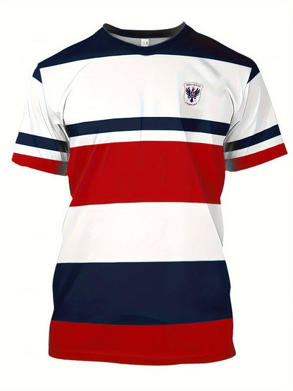 Men's Casual T-Shirt with Block Stripes and University Logo – Perfect for Everyday and Leisure