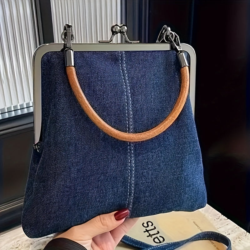 Damen Vintage Handtasche mit Frame-Top und Retro-Charme – Stilvolle Alltagstasche im Denim-Look