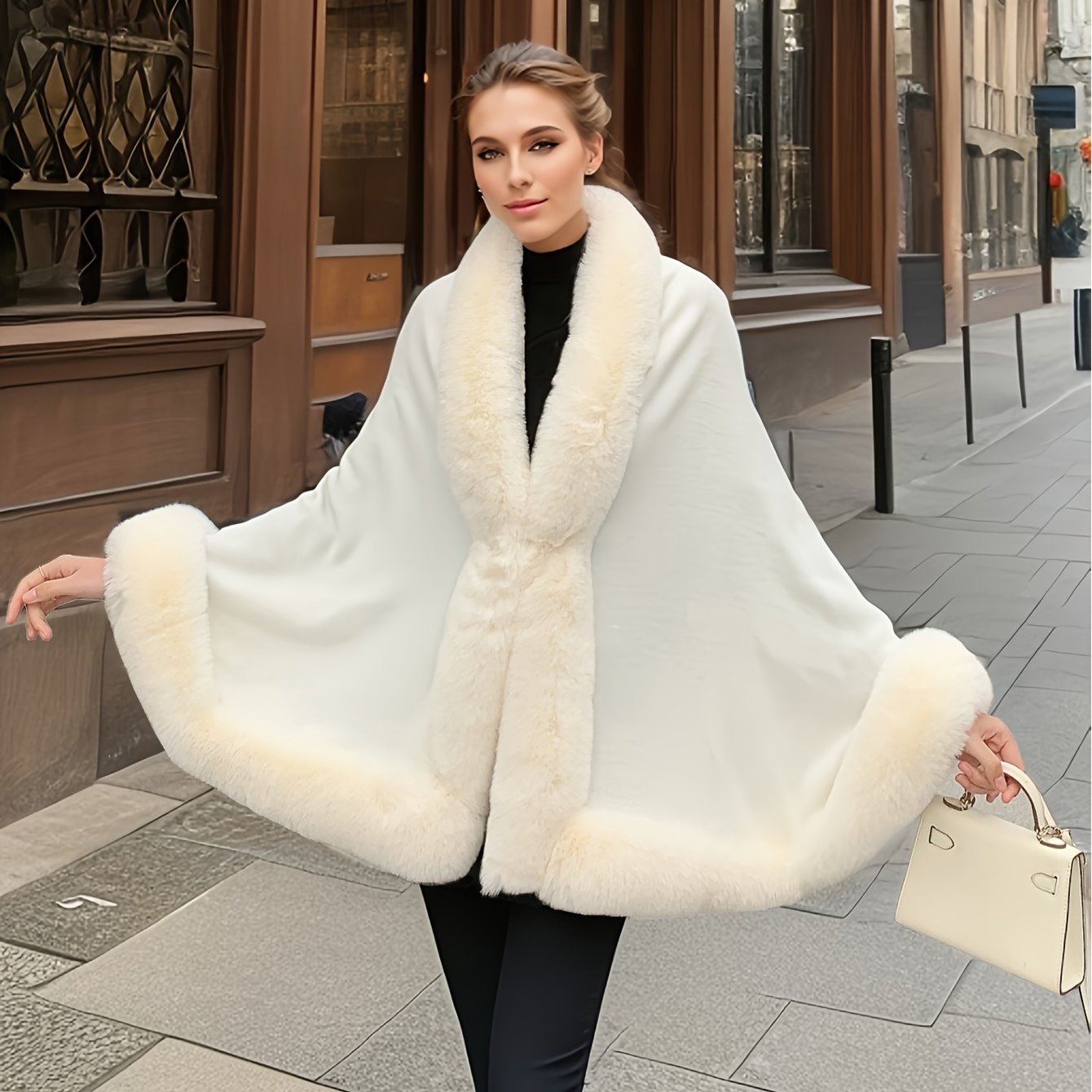 Women's cape with faux fur trim - Warm poncho design