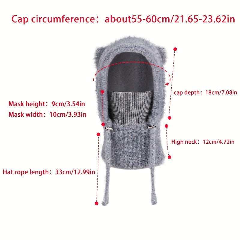 Gestrickte Balaclava-Mütze mit Ohren und integriertem Schal in Rippstrick