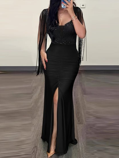 Women's Elegant Evening Dress with Fringe and Slit – Bodycon Maxi Dress for Formal Occasions