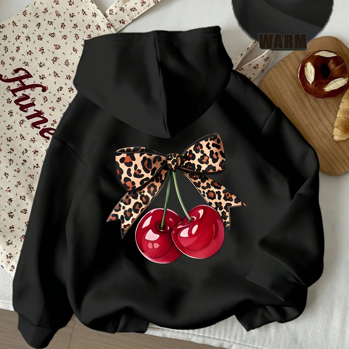 Black hoodie with cherry and leopard print pullover hoodie