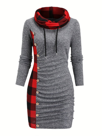 Damen Pulloverkleid mit Rollkragen, kariertem Einsatz & Knöpfen, Langarm, tailliert