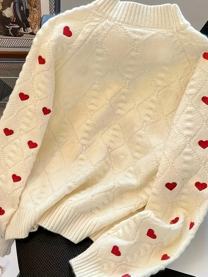 Damen Strickpullover Beige Herz-Muster Rundhalsausschnitt