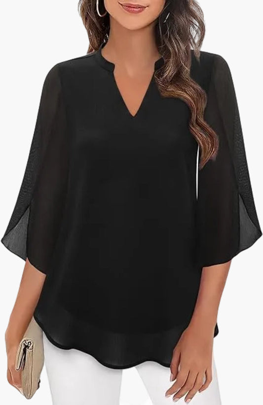 Women's Tunic Blouse with Three-Quarter Sleeves – Elegant V-Neck, Fashionable Style for Everyday and Office