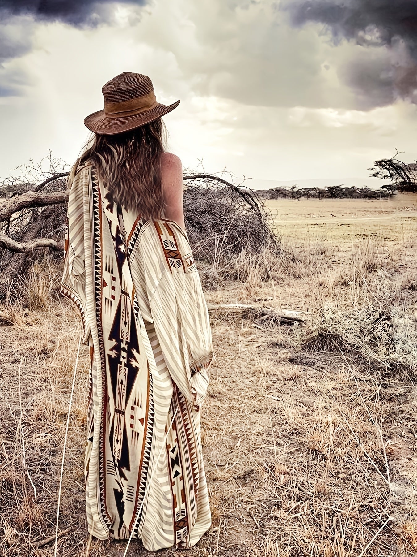 Women's Boho Maxi Dress with Ethnic Pattern – Casual Kaftan Beach Dress for Vacation and Leisure