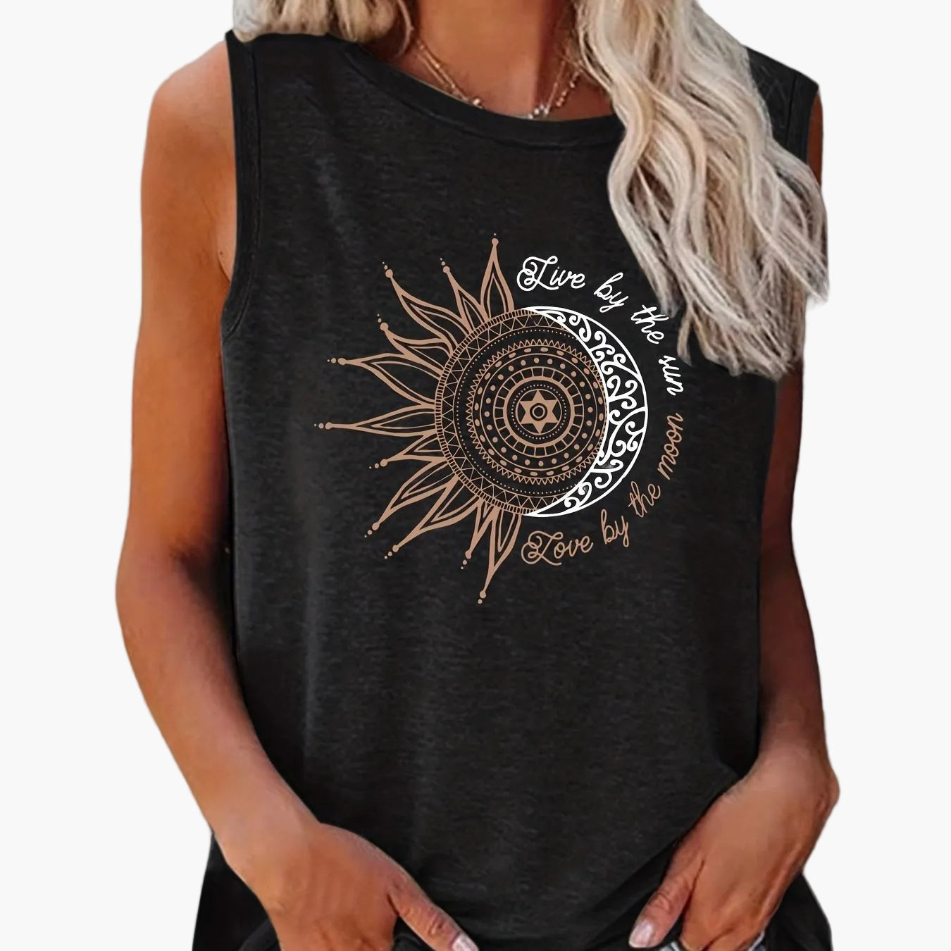 Women's Boho-Style Tank Top with Sun and Moon Print – Summer Casual Shirt