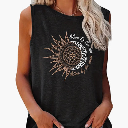 Women's Boho-Style Tank Top with Sun and Moon Print – Summer Casual Shirt