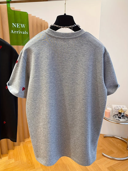 Women's T-Shirt with Embroidery and Heart Pattern – Casual Style, Spring/Summer