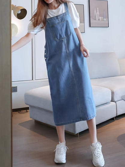 Women's Denim-Look Pinafore Midi Dress with Pocket – Fashionable Casual Dress for Everyday and City Wear